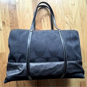 Black Coach Tote With Wrap-around Gunmetal Grey Stripe